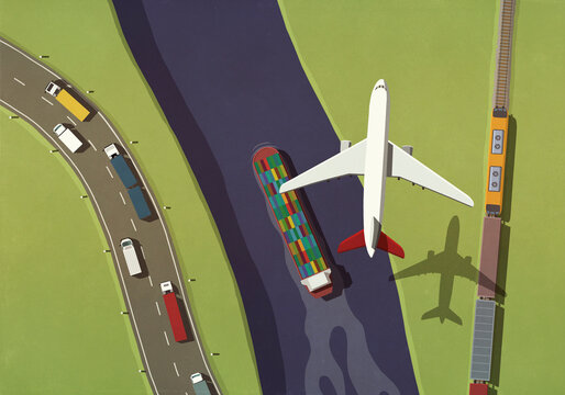 Airplane flying over commercial semi-trucks, train and container ship
