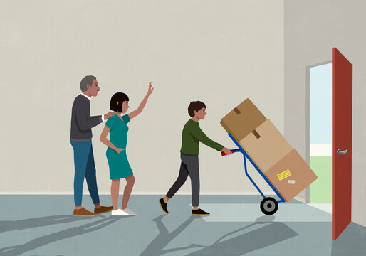 Parents waving goodbye to college son moving boxes
