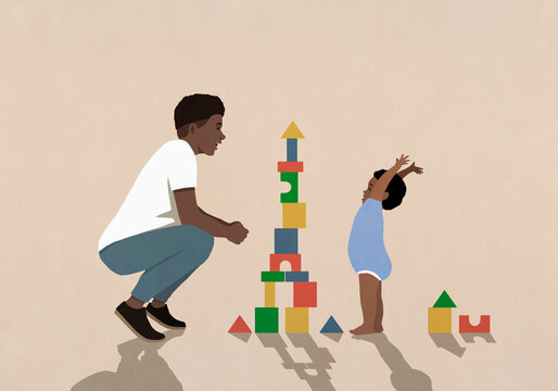 Father watching happy baby son playing, stacking toy blocks
