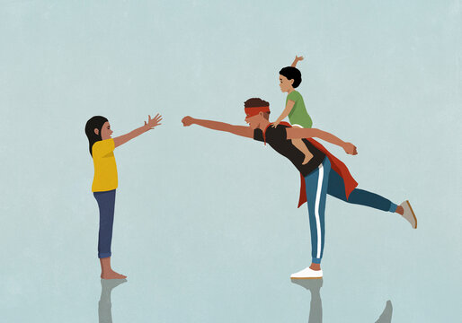 Girl cheering for father in superhero costume piggybacking baby brother
- Powered by Adobe