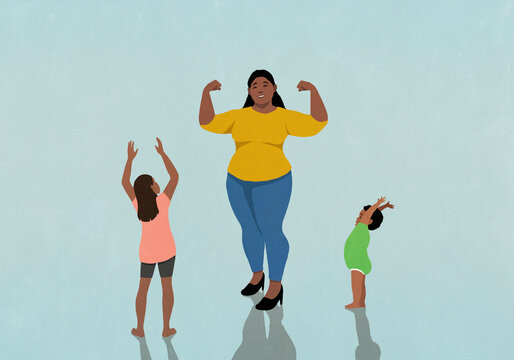 Happy kids cheering for confident mom flexing biceps
