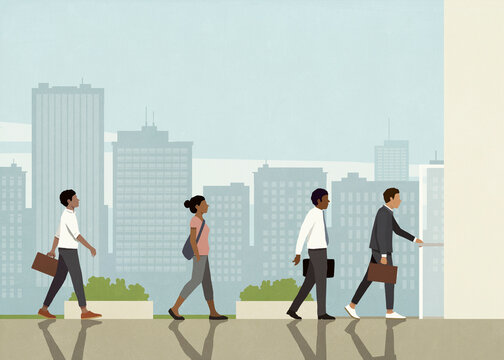 Business people walking in a row along city buildings
