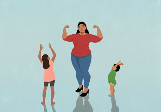 Happy kids cheering for mother flexing biceps
