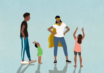 Family cheering for confident mother in superhero costume