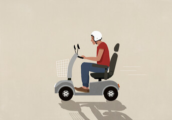 Happy man in helmet riding motor scooter
