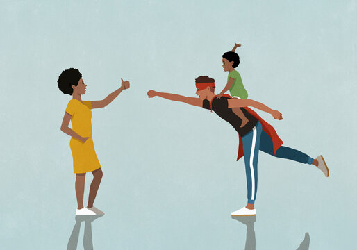 Woman cheering for father in superhero cape piggybacking happy baby son
- Powered by Adobe