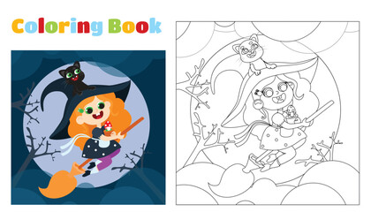 Coloring page little witch flies on a broomstick at night. Halloween character. Educational games for children in schools, kindergartens, cafes.