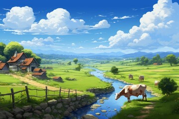 A picturesque countryside with a quaint village, meandering river, and grazing livestock. - obrazy, fototapety, plakaty