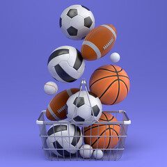 Set of ball like basketball, football and golf in shopping basket on violet