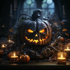 Scary Halloween Pumpkin with a Creepy Smile. Evil Jack O' Lantern on Spooky Background