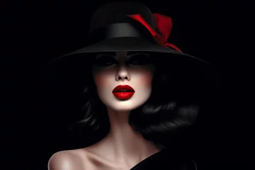 Fotobehang Beautiful woman in a black broad-brim hat with red lips © Canvas Alchemy