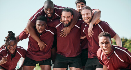 People, portrait and rugby team in celebration at field outdoor for training, exercise goal and competition. Fitness, group and men screaming for winning game, success in match and sport achievement