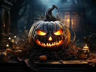 Scary Halloween Pumpkin with a Creepy Smile. Evil Jack O' Lantern on Spooky Background