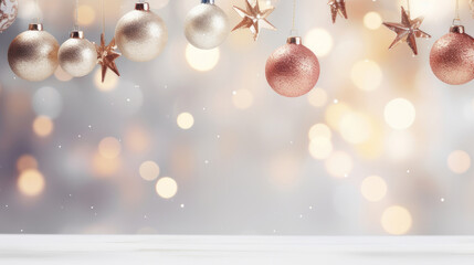 Christmas balls and toys on light white background with bokeh lights on Christmas Eve. - obrazy, fototapety, plakaty
