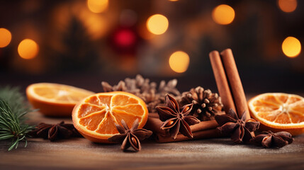 Traditional Christmas spices and dried orange slices on holiday bokeh background with defocus lights. Cinnamon sticks, star anise, pine cones and cloves. AI Generative - obrazy, fototapety, plakaty