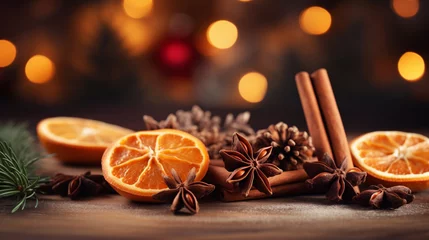 Foto op Plexiglas Traditional Christmas spices and dried orange slices on holiday bokeh background with defocus lights. Cinnamon sticks, star anise, pine cones and cloves. AI Generative © Rottchoo