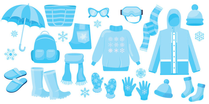 Vector cartoon image of winter clothes in blue shades. Elements for your design. Cold and new year concept