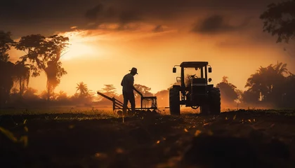 Foto op Canvas Silhouette of villager working on their field with tractor © PNG River Gfx