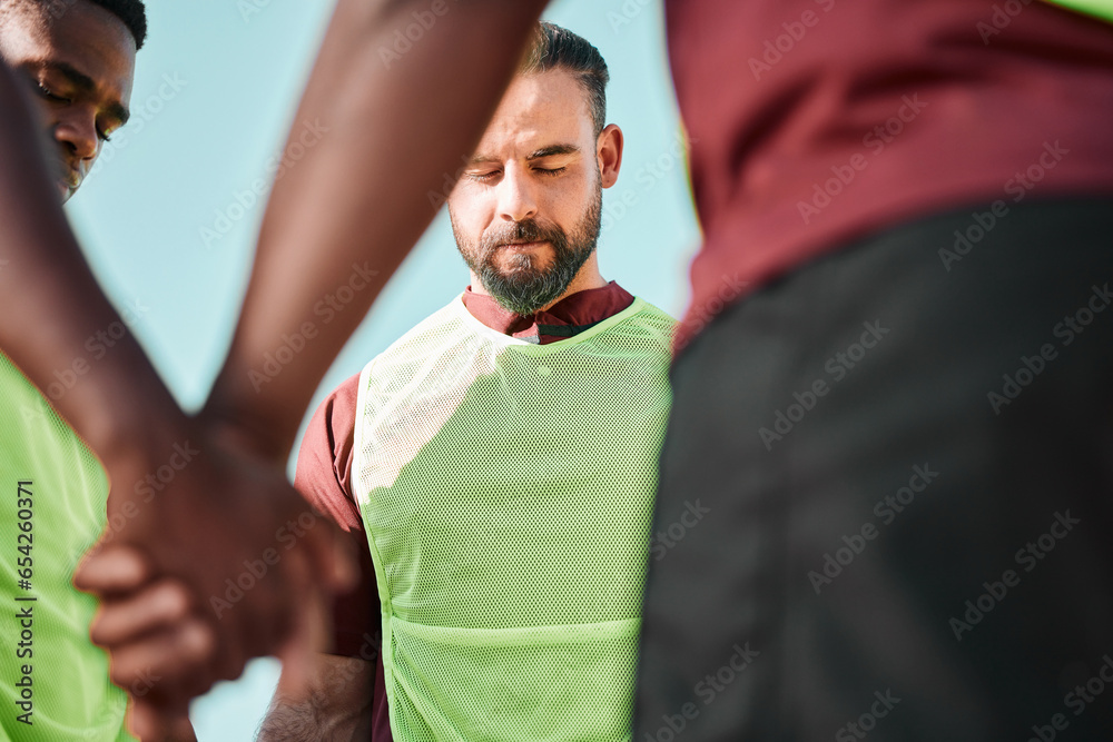 Sticker Rugby, holding hands or men with teamwork, game and training with competition, cooperation and prayer. Faith, sports and match with players, athletes or healthy group with hope, exercise and wellness