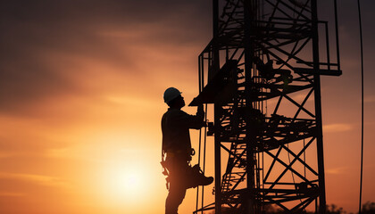 Silhouette of mechanic resolving the technical issue in telecom tower circuit board