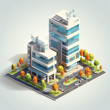 Isometric Business Glass Office Building. Isometric Modern Architecture Design. Sustainable Green Building. Office With Green Environment. Eco-friendly Skyscraper Corporate Building.