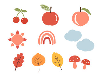 Cherry, apple, peach, sun, rainbow, cloud, Autumn leaf and mushroom icon sign isolated on white background vector illustration.