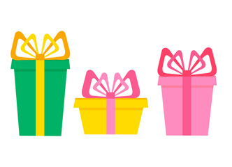 Gift boxes pink, green, yellow, flat, vector illustration