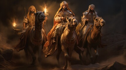 Three Wise Men wearing crowns and holding gifts riding on camels - Powered by Adobe