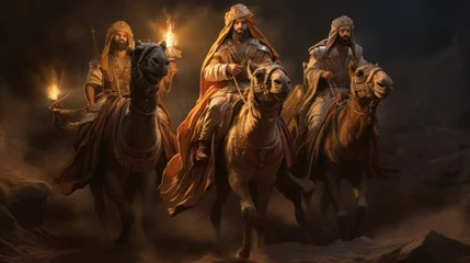 Foto op Canvas Three Wise Men wearing crowns and holding gifts riding on camels © DyrElena