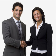 Businessman and business woman  handshake on white background.Generative ai
