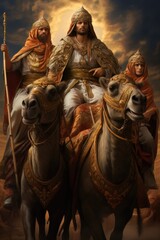 Three Wise Men wearing crowns and holding gifts riding on camels