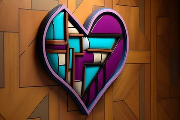 Tapeten Wall decor with purple and beige neon heart, influenced by De Stijl movement, inviting interaction. Generative AI © Aida
