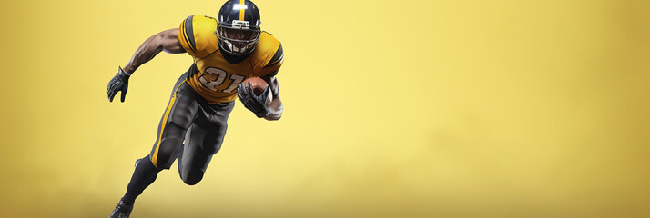 banner Portrait American football sportsman player on yellow background, copyspace for text.