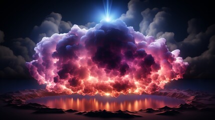 abstract cloud illuminated with neon light ring on dark night sky. Glowing geometric shape, round frame. - obrazy, fototapety, plakaty
