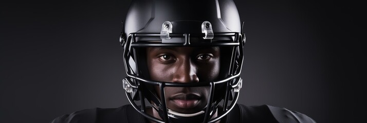 banner Portrait American football sportsman player on black background, copyspace for text.