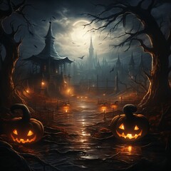 Spooky Halloween Background with Jack O' Lanterns, Grave Yard, and Scary Trees