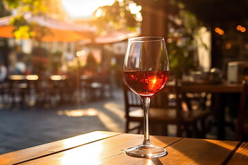 glass of red wine on wooden table at a bar in warm afternoon sunlight - obrazy, fototapety, plakaty