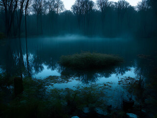 Dark mysterious pond in forest for scary background. Generative ai