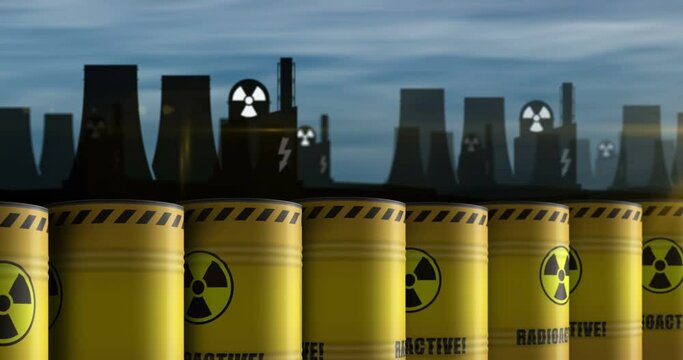 Nuclear radioactive waste barrels in row seamless and loopable concept. Danger radiation pollution industrial containers.