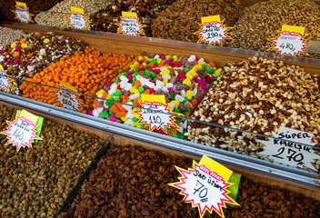 Kayseri, Turkey - September 1 2023: Sweet candies and Dried nuts and fruits shop or store in Turkish Bazaar