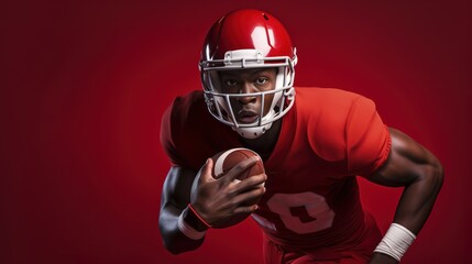 dynamic Portrait American football sportsman player on red background