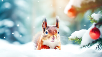 Winter holiday composition with cute squirrel near New Year tree on snowy forest landscape background. Hello winter. Concept of Christmas, New Year, winter vacations. Copy space