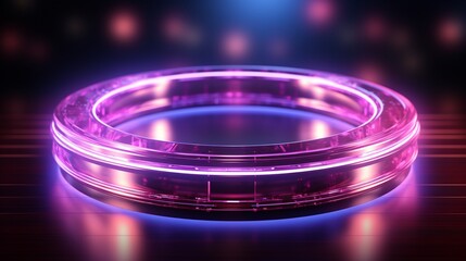 abstract geometric background. Glowing neon ring, gradient light. Blank round frame for product presentation.
