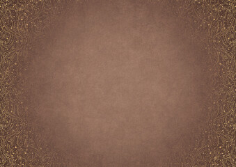 Light brown textured paper with vignette of darker color and golden hand-drawn pattern with splatters of golden glitter. Copy space. Digital artwork, A4. (pattern: p11-2b)