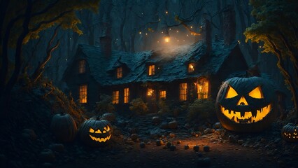 Fototapeta premium halloween house background with pumpkin 4k