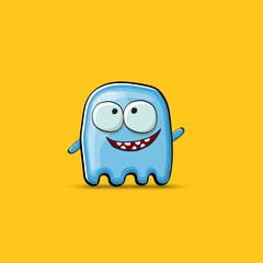 Funny cute smiling blue ghost monster isolated on orange background. Ghost cartoon character and cute emoji. Halloween spirit element.