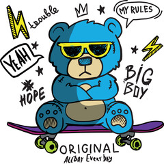  typography boys print with  teddy bear and skateboard for graphic tees