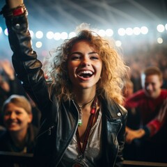 A fictional girl applauds at a rock concert, facing the camera.