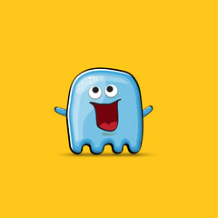 Funny cute smiling blue ghost monster isolated on orange background. Ghost cartoon character and cute emoji. Halloween spirit element.