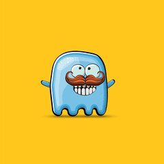 Funny cute smiling blue ghost monster isolated on orange background. Ghost cartoon character and cute emoji. Halloween spirit element.